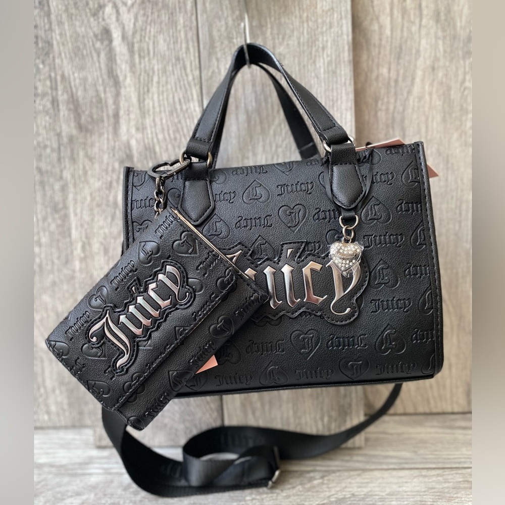 Juicy Couture Black Tote & Wallet Set Embossed Logo Purse